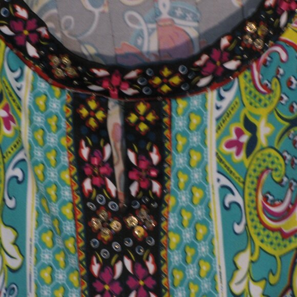 * Eci Sequin Beaded Dress Size 8 Black Green Colorful Midi - Picture 3 of 5